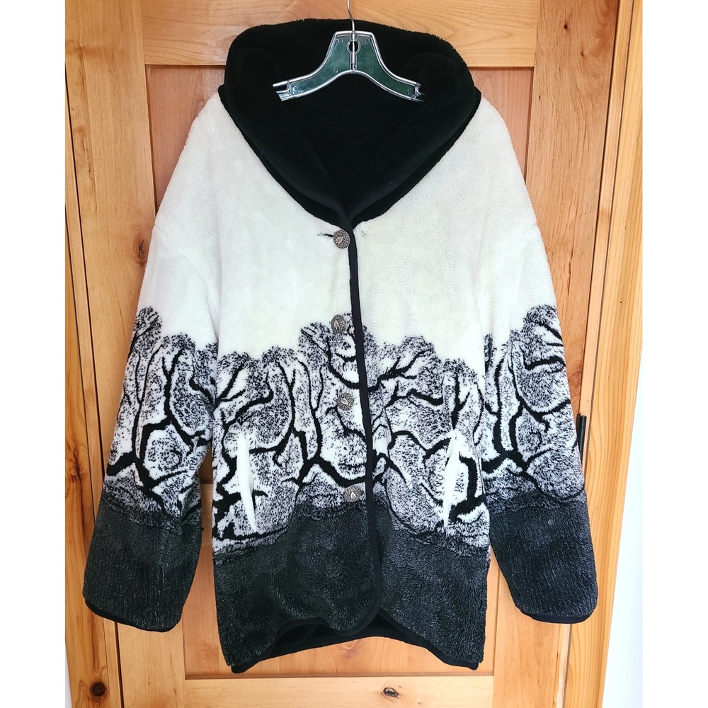 Vintage 90s XL Nordic Forest Landscape Reversible Fuzzy Jacket Coat Cottagecore